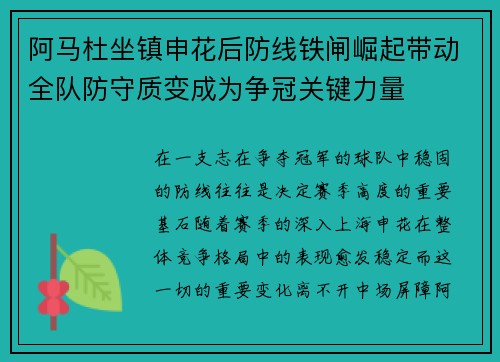 阿马杜坐镇申花后防线铁闸崛起带动全队防守质变成为争冠关键力量