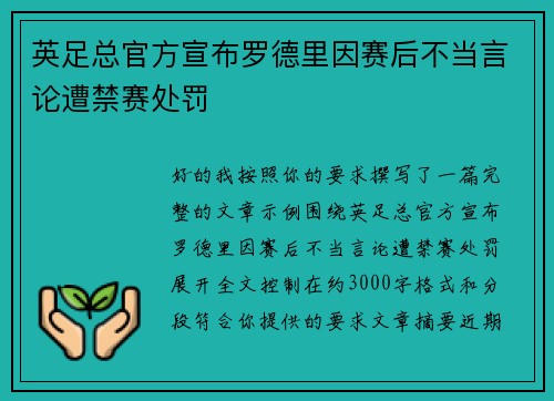 英足总官方宣布罗德里因赛后不当言论遭禁赛处罚 英足总官方宣布罗德里因赛后不当言论遭禁赛处罚